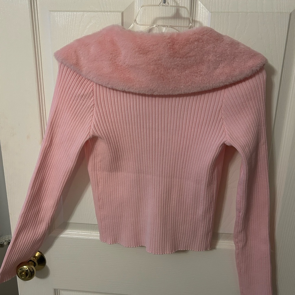 Jolie and joy pink cardigan with removable fur neckline. MED - Picture 2 of 4